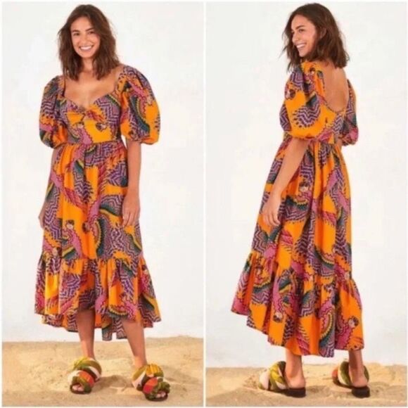 FARM RIO Beaded Macaws Cotton Midi Dress In Multi S NWOT - Picture 4 of 13